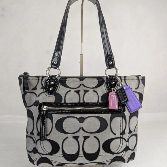 Coach Poppy Metallic Signature C’s Lurex Glam Gray Black Tote Bag - Picture 1 of 16